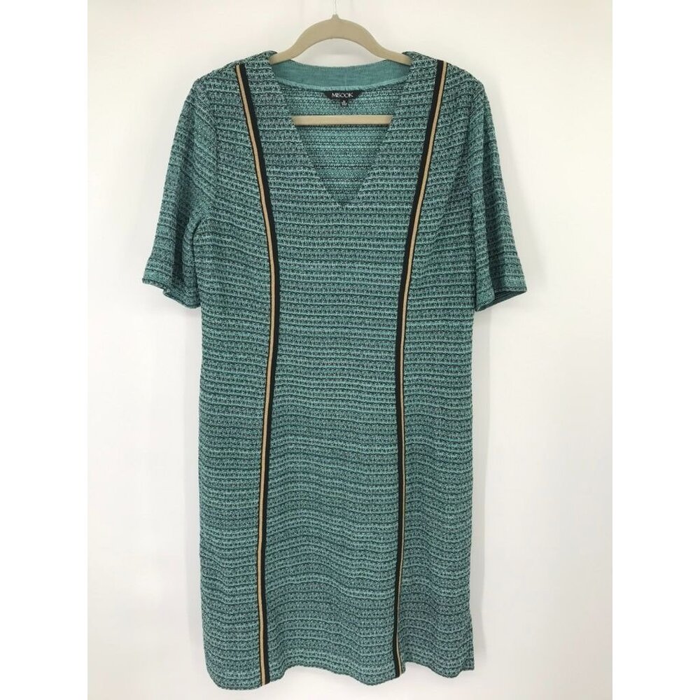 Misook Womens Green Knit Short Sleeve V-Neck Dress size medium Gold embellished - Picture 2 of 15